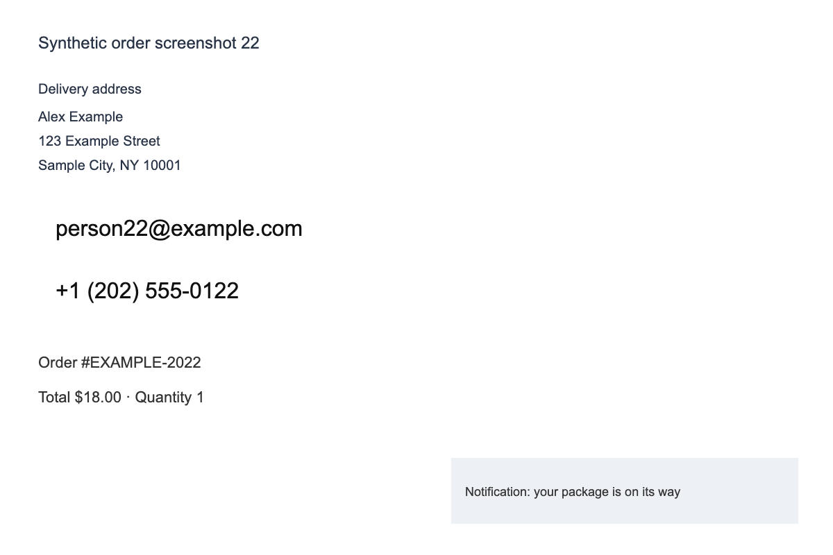 Fictional order showing delivery and contact details